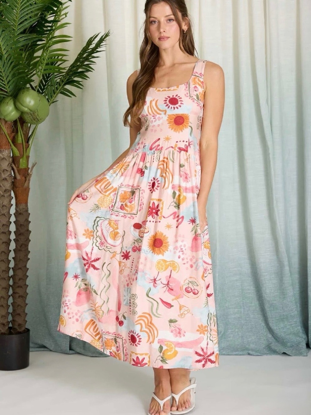 Pastel Pink Floral Print Midi Tank Dress